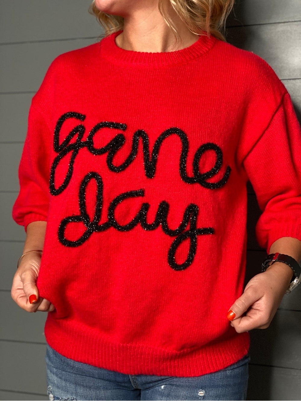 BiBi Game Day Metallic Letter Short Sleeve Puff Sleeve Sweater Red Size L